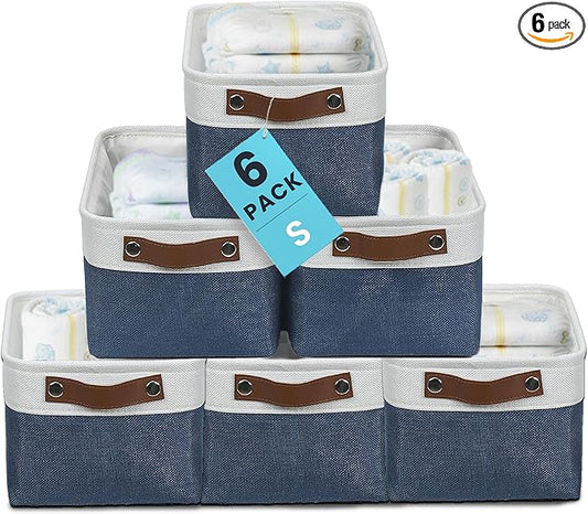 OrganiHaus Small Fabric Storage Baskets for Shelves 6 Pack, 12x8in Closet Storage Bins for Shelves, Cloth Baskets for Organizing, Linen Closet Organizers, Fabric Basket, Navy Blue/White