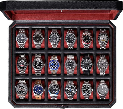 ROTHWELL 18-Slot Watch Case – Luxury Watch Box for Men, Real Glass Top, Lockable, Elegant Display for Collections (Black/Red)