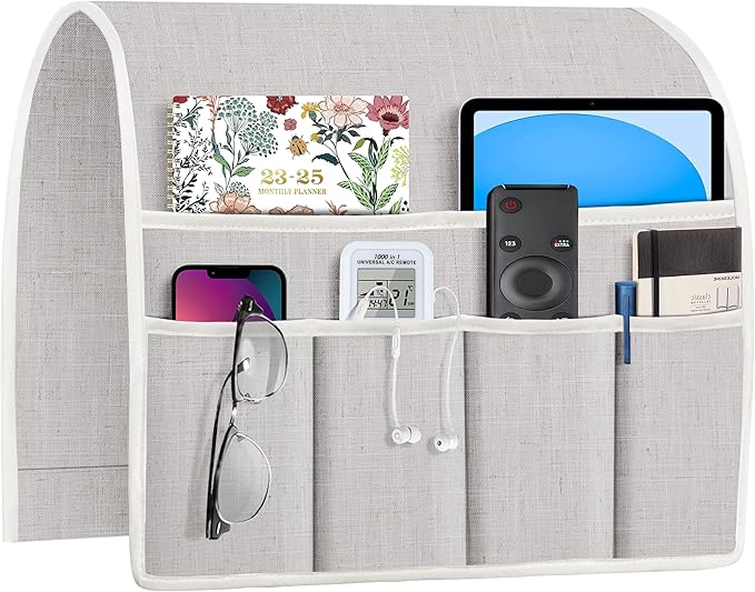 Joywell Remote Holder for Recliner Armchair Caddy Couch Armrest Non Slip Sofa Arm Chair Caddie with 6 Pocket for Magazine, Tablet, Phone, iPad, Think Linen, Champagne