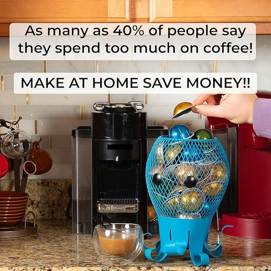 Made Easy Kit Coffee Pod Organizer Compatible with Nespresso Vertuo and Original - Countertop Sculpture Holder Basket Style for Café Bar, Corner Station Office Break Area (Octopus)