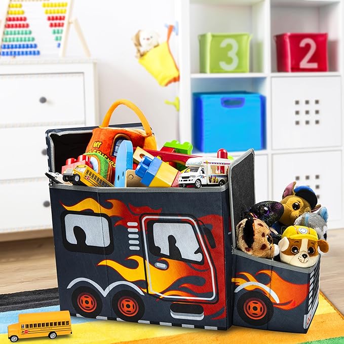 KAP Toy box for boys, Junior size, interactive Light up LED Toy chest, Children's Decorative Racing Truck Storage Bin, Toy Storage, Foldable Storage/Toy Box, Pop up Organizer, (Racing Collection)