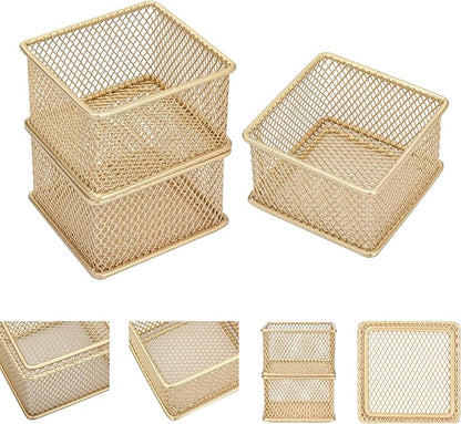 Annova Stackable Mesh Drawer Cabinet and Shelf Organizer Bins Storage Basket School Office Supply Holder Tray- Set of 2 (Gold, 3x3x2 Inch)