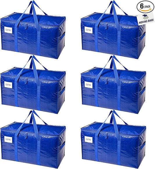 RUGGED RHINO 6 Pack Heavy Duty Extra Large Blue Moving Bags, Durable Bag with Strong Handles and Zipper, Moving Boxes Alternative for College Packing, Holiday Décor, Space Saving Storage with Label