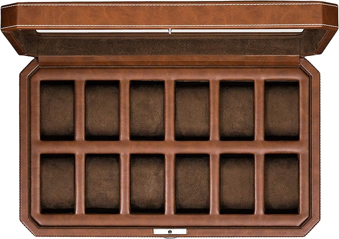 ROTHWELL 12 Slot Leather Watch Box - Luxury Watch Case Display Organizer, Microsuede Liner, Locking Mens Jewelry Watches Holder, Men's Storage Boxes Holder Large Glass Top (Tan/Brown)