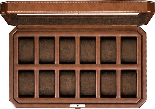 ROTHWELL 12 Slot Leather Watch Box - Luxury Watch Case Display Organizer, Microsuede Liner, Locking Mens Jewelry Watches Holder, Men's Storage Boxes Holder Large Glass Top (Tan/Brown)