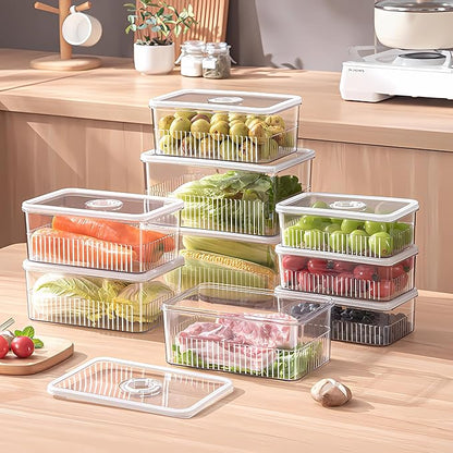 Huaqinglian Fridge Food Fruit Storage Container Bin with lid, Refrigerator food vegetable Organizer Fresh Keeper Container with timer lid Fruit Vegetables storage bin For fridge (0.9L+1.8L+3.4L)