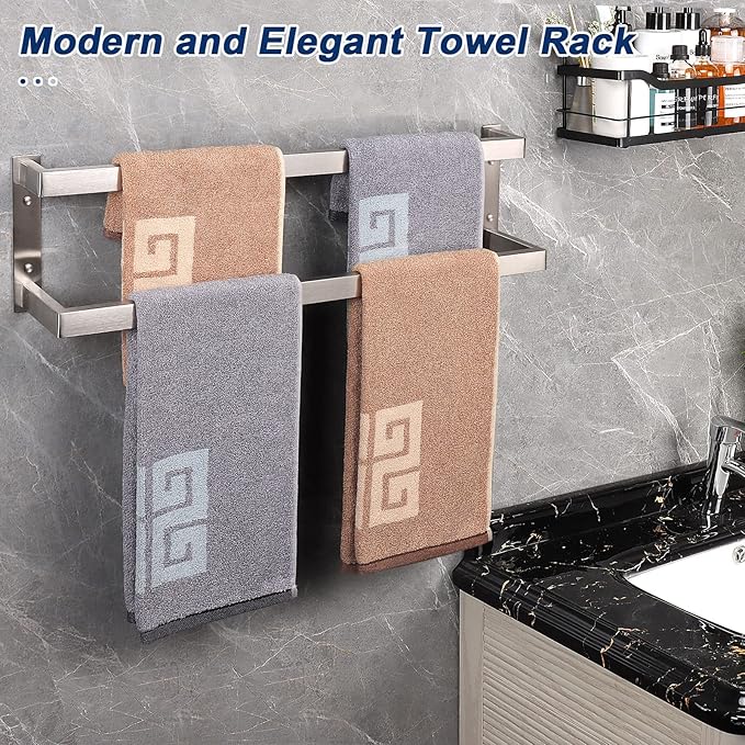 NearMoon Bathroom Towel Bar, Towel Rod Holder, Square Shelf Rack Hanging Towel for Bath, Thicken SUS304 Stainless Steel Towel Rack Wall Mounted-2-Tier Bath Accessories (24 Inch, Brushed Nickel)