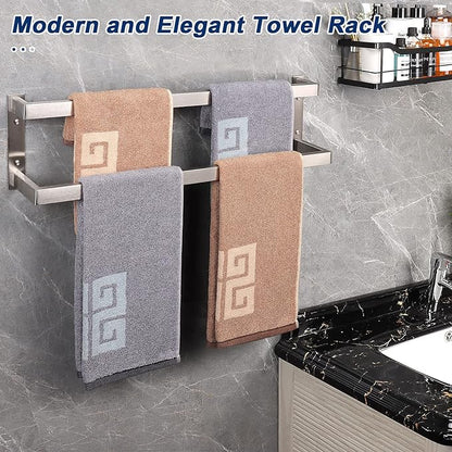 NearMoon Bathroom Towel Bar, Towel Rod Holder, Square Shelf Rack Hanging Towel for Bath, Thicken SUS304 Stainless Steel Towel Rack Wall Mounted-2-Tier Bath Accessories (24 Inch, Brushed Nickel)