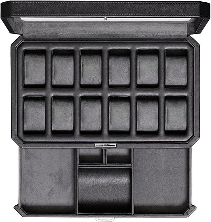 ROTHWELL 12 Slot Leather Watch Box with Valet Drawer - Luxury Watch and Jewelry Case Display Organizer, Microsuede liner, Mens Locking Storage Holder Large Glass Top (Black/Grey)