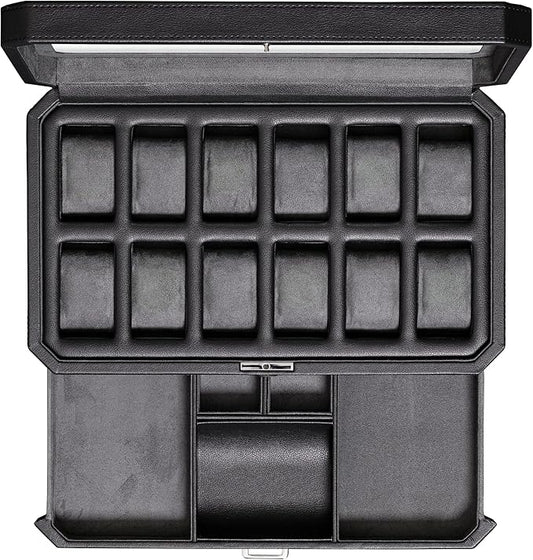 ROTHWELL 12 Slot Leather Watch Box with Valet Drawer - Luxury Watch and Jewelry Case Display Organizer, Microsuede liner, Mens Locking Storage Holder Large Glass Top (Black/Grey)