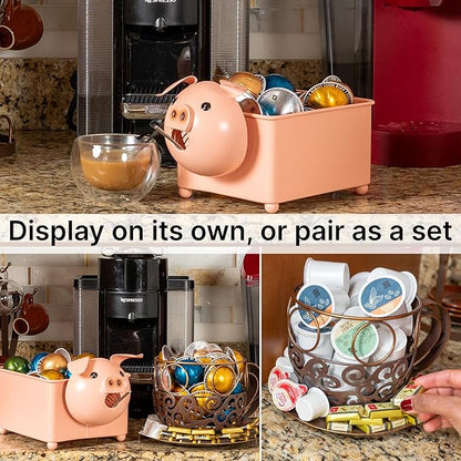 Made Easy Kit Coffee Pod Organizer Compatible with Nespresso Vertuo and Original - Countertop Sculpture Holder Basket Style for Café Bar, Corner Station Office Break Area (Pig Square)