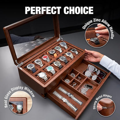 Awesometik 12 Slot LUXURY Faux Leather Watch Box Organizer. Real Glass Top. Watch Display & Watch Holder for Men. Watch Collection, Protection. For Men Ready to Gift (12 Slot Watch Box with Drawer)