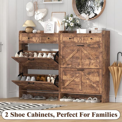 Shoe Cabinet with 2 Flip Drawers & 2 Storage Drawers, Rustic Farmhouse Narrow Shoe Organizer Cabinet, Slim Shoe Rack Cabinet, Shoe Storage Cabinet for Entryway, Hallway, Front Door