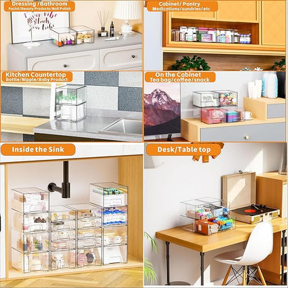 4.4" Tall Small Clear Acrylic Stackable Storage Drawers for Vanity,Under Sink,Bathroom Closet,Medicine Cabinet Organization and Plastic Storage Bins for Organizing Makeup,Baby Bottles,Pacifier,6 PCS