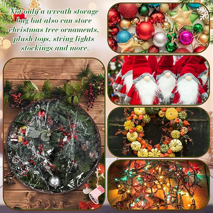 4 Pack Wreath Storage Container, 36 Inch Christmas Wreath Storage Box with Clear Window and Handles Upgrade Oxford Cloth Garland Bags with Dual Zipper for Xmas Wrapping, Brown