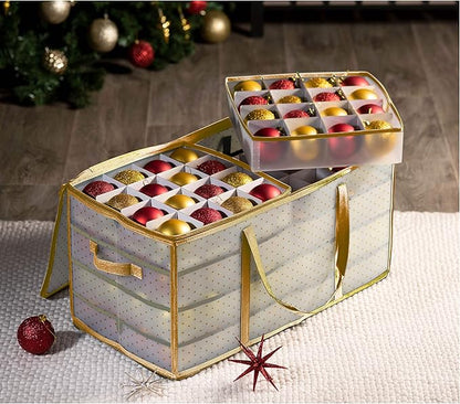 ZOBER Christmas Ornament Storage Box Plastic - Stores 128 3" Ornaments with Individual Trays - Ornament Organizer Storage Box, Durable Christmas Containers Holder - Gold