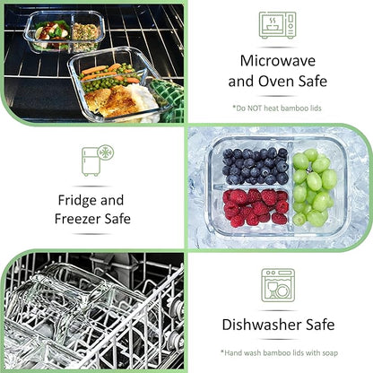 EcoPreps Large Glass Bento Box Containers with Bamboo Lids, 3 Compartment Glass Meal Prep Container Set (2 Pack, XL) - 100% Plastic Free, Eco-Friendly Lunch Containers, Bento Boxes for Adults