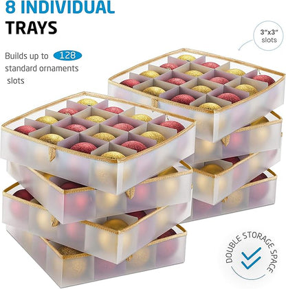ZOBER Christmas Ornament Storage Box Plastic - Stores 128 3" Ornaments with Individual Trays - Ornament Organizer Storage Box, Durable Christmas Containers Holder - Gold