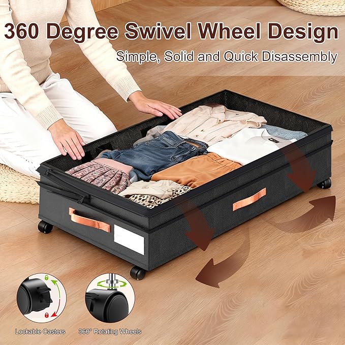 VXEAPADE 2 Pack 70L XXL Under Bed Storage with Wheels - Extra Large UnderBed Storage Containers with Clear Lid & Label, Rolling Storage Bins for Clothes, Shoes, Blankets - Black
