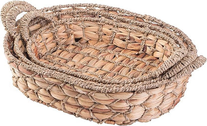 Seagrass Rattan Tray Set of 3 – Round and Rectangular Wicker Shallow Baskets with Handles, Decorative Bread, Fruit, Storage Trays