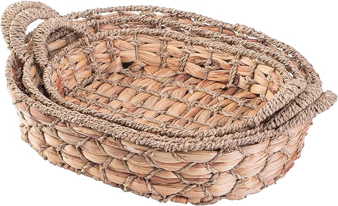 Seagrass Rattan Tray Set of 3 – Round and Rectangular Wicker Shallow Baskets with Handles, Decorative Bread, Fruit, Storage Trays