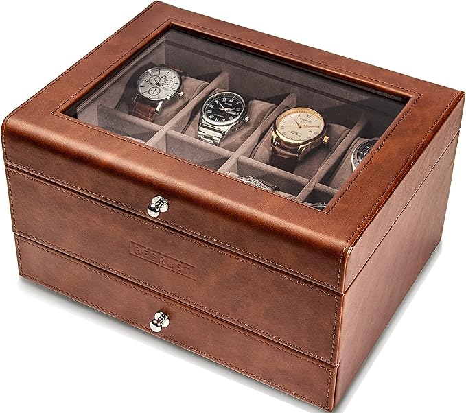 BEERUST Watch box organizer for men - Leather watch case - Luxury watch box - For large mens wrist watches - Mens jewelry box organizer - Watch case - With mens valet drawer - Watch display case