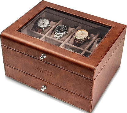 BEERUST Watch box organizer for men - Leather watch case - Luxury watch box - For large mens wrist watches - Mens jewelry box organizer - Watch case - With mens valet drawer - Watch display case