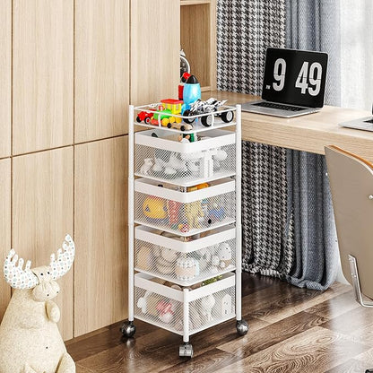 Rotating Kitchen Storage Rack,Fruit and Vegetable Basket Cart,Bathroom Shelf,Kitchen Organization and Storage Rack,Rolling Carts on Wheels(White, 4 Tier-Square)