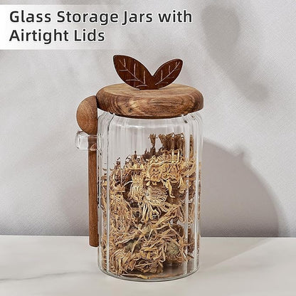 Koythin Food Storage Containers with Wooden Lids and Scoops, Ribbed Glass Jars with Airtight Lids, Bath Salt Container with Scoop, Kitchen Canisters for Coffee, Sugar, Spice (Vertical Stripe, 27 oz)