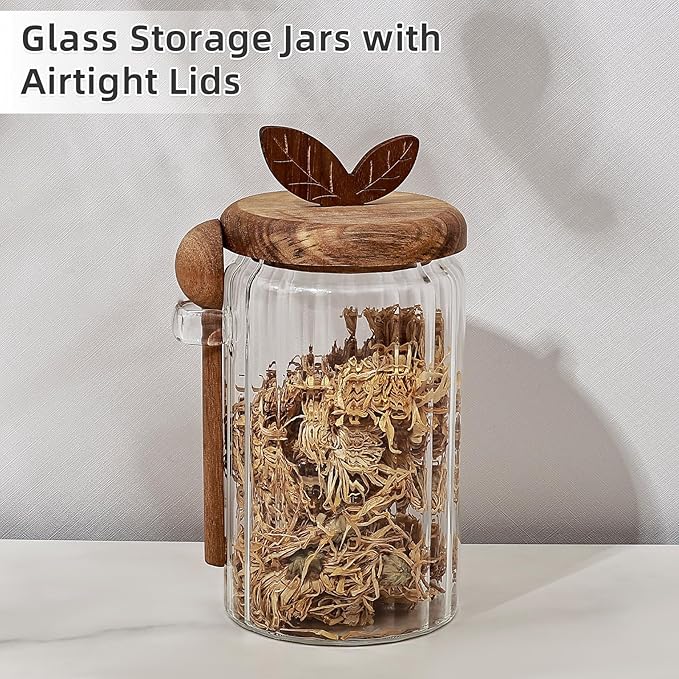 Koythin Food Storage Containers with Wooden Lids and Scoops, Ribbed Glass Jars with Airtight Lids, Bath Salt Container with Scoop, Kitchen Canisters for Coffee, Sugar, Spice (Vertical Stripe, 20.3 oz)