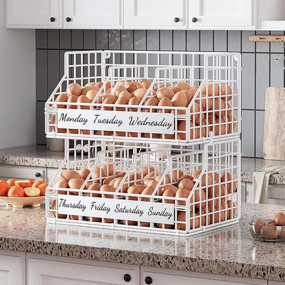 Egg Basket for Countertop, Egg Holder Countertop with 5 Dividers & Labels, 2 Tier Stackable Wire Storage Baskets to Keep Fresh Eggs Organized, Egg Organizer for Kitchen & Decorative Rack Home, White