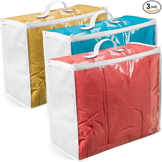 VitalUp 3 Pack Clear Plastic Storage Bags, Durable Zippered Storage Bags for Comforters, Blankets, Clothes, and Bedding - Breathable Nonwoven with Clear Front for Easy Organizing 20x20x8