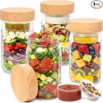 4 Pack Glass Salad Jars Pod with Wooden Lids for Meal Prep, Leakproof Container with Two Small Built in Cups for Wet/Dry Separation for Salad Dressing and Ingredients, 32oz Mason Jars