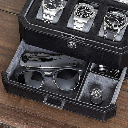 ROTHWELL 6 Slot Leather Watch Box with Valet Drawer - Luxury Watch Case Display Organizer, Microsuede Liner, Locking Mens Jewelry Watches Holder, Men's Storage Boxes With Large Glass Top (Black/Grey)