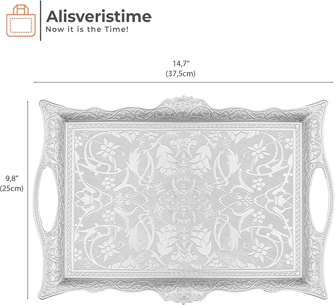 Alisveristime Ottoman Turkish Zamak Serving Tray with Traditional Motifs, Ideal for Coffee and Tea - Six Person Tray (14.5 x 9.85 in) (Silver)