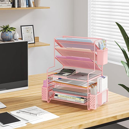 Simple Trending 7 Tier Desk File Organizer, Letter Tray Paper Organizer with Pen Holder and Metal Hanging Basket, Pink