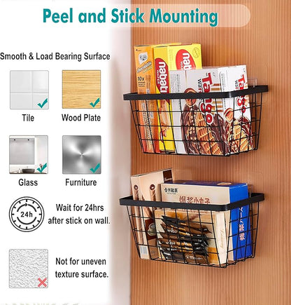 LIGHT DUST Wall Hanging Baskets - 2 Black Baskets Set Wire Basket Metal Organizer Bins for Kitchen Pantry Cabinet Bathroom Shower Door RV [Included Adhesive Hooks & Wall Mounted Screws]
