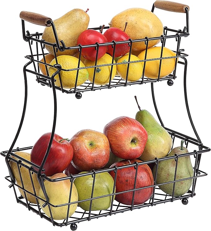 SunnyPoint 2-Tier Rectangle Countertop Fruit, Bread Wire Basket (Black, Metal)