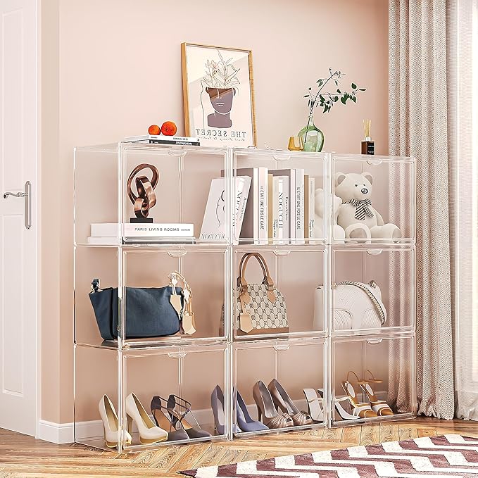IYINIYI 15.75''x11.81''x9.84'' XX-Large Clear Shoe Storage Boxes with Divider, Stackable Plastic Boot Boxes with Magnetic Door, Acrylic display case Box with Lids for Sneaker Purses Handbags Books (3)