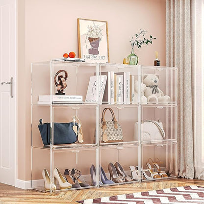 IYINIYI 15.75''x11.81''x9.84'' XX-Large Clear Shoe Storage Boxes with Divider, Stackable Plastic Boot Boxes with Magnetic Door, Acrylic display case Box with Lids for Sneaker Purses Handbags Books (3)