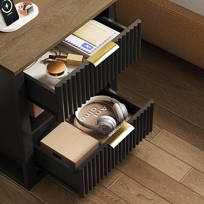 HIFYOBRO Fluted Nightstands with Charging Station & Motion Sensor Light, Modern Bedside Tables with 2 Drawers and Storage Shelf for Bedroom, Black