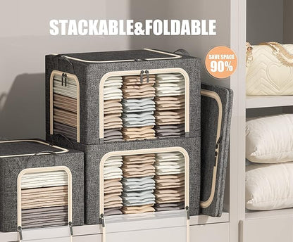 3 Opeings Large Clothes Storage Bins with Metal Frame, Foldable Storage Bin for Clothes, Clothing Storage Bins with Lid, Linen Storage Box With Clear Window＆ Zippers＆ Handles.(3 Pcs,Dark Grey,66L)
