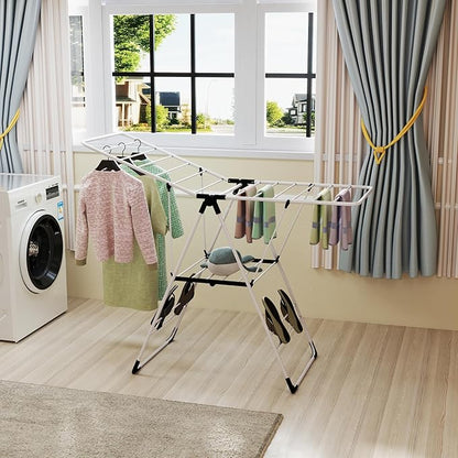 Tangkula Clothes Drying Rack, Collapsible Laundry Rack with Hanging Rods, Shoe Hangers, Adjustable Gullwing and Foldable Design for Space-Saving, Stainless Steel Clothing Shelf