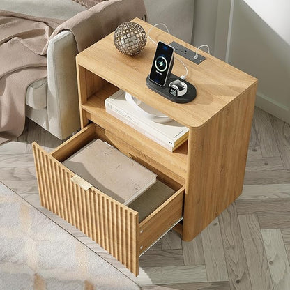 TROJM Night Stand with Charging Station, Modern Bedside Table with Drawer & Open Shelf Storage, Small Space Sidetable for Bedroom, Natural Oak