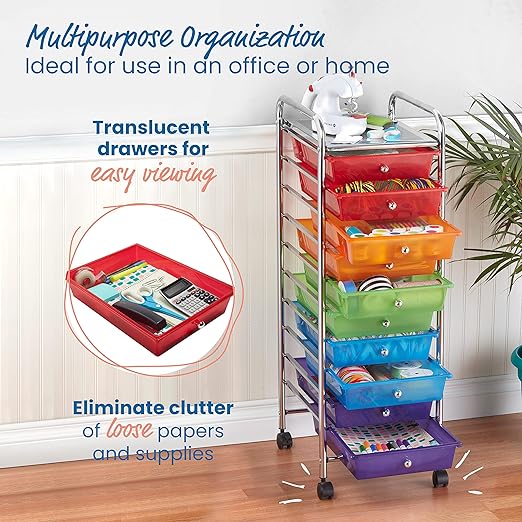 ECR4Kids 10-Drawer Everyday Mobile Organizer, Storage Cart, Assorted