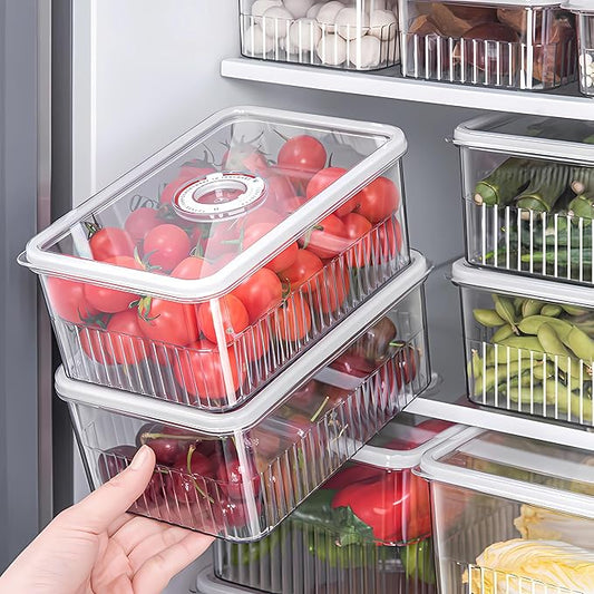 Huaqinglian Fridge Food Fruit Storage Container Bin with lid, Refrigerator food vegetable Organizer Fresh Keeper Container with timer lid Fruit Vegetables storage bin For fridge (0.9L+1.8L+3.4L)