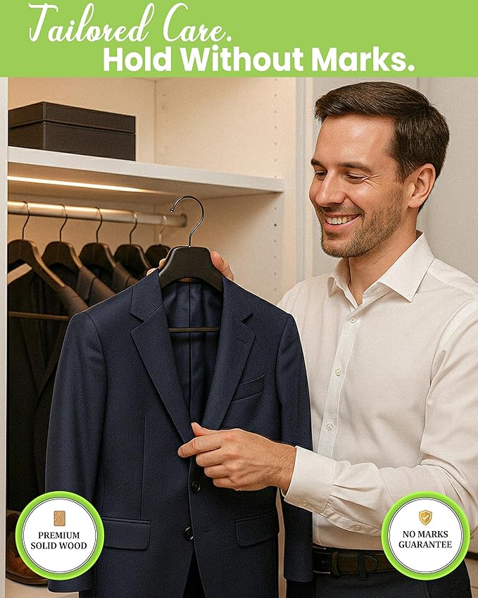 All Hung Up Hangers - Wooden Hangers with Clips for Women, Solid Wood Skirt & Suit Hangers, Heavy-Duty Adjustable Non-Slip Design with Velvet Grip, Black with Black Velvet, 30 pcs