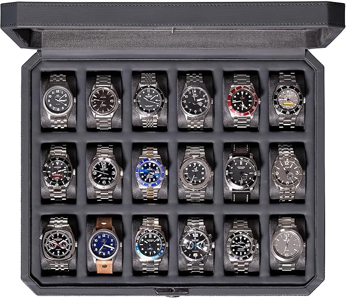 ROTHWELL 18-Slot Watch Case – Luxury Watch Box for Men, Real Glass Top, Lockable, Elegant Display for Collections (Carbon)
