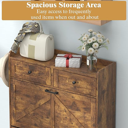 Shoe Cabinet with 3 Flip Drawers & 2 Storage Drawers, Rustic Farmhouse Narrow Shoe Organizer Cabinet, Slim Shoe Rack Cabinet, Shoe Storage Cabinet for Entryway, Hallway, Front Door