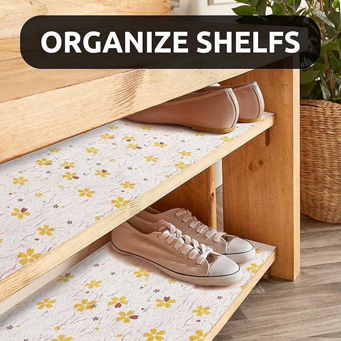 RAY STAR 18X96 Inch Shelf Liner for Kitchen Cabinets, Non-Adhesive Cabinet Liner Washable, PVC Drawer Liner for Dresser Non-Slip Bathroom (Yellow-Floral)(3 Roll)